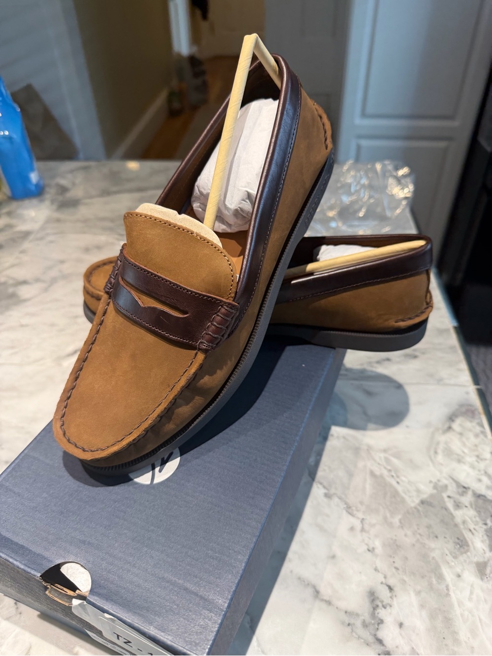 Sperry Tan and Dark Brown Suede Penny Loafers harbor